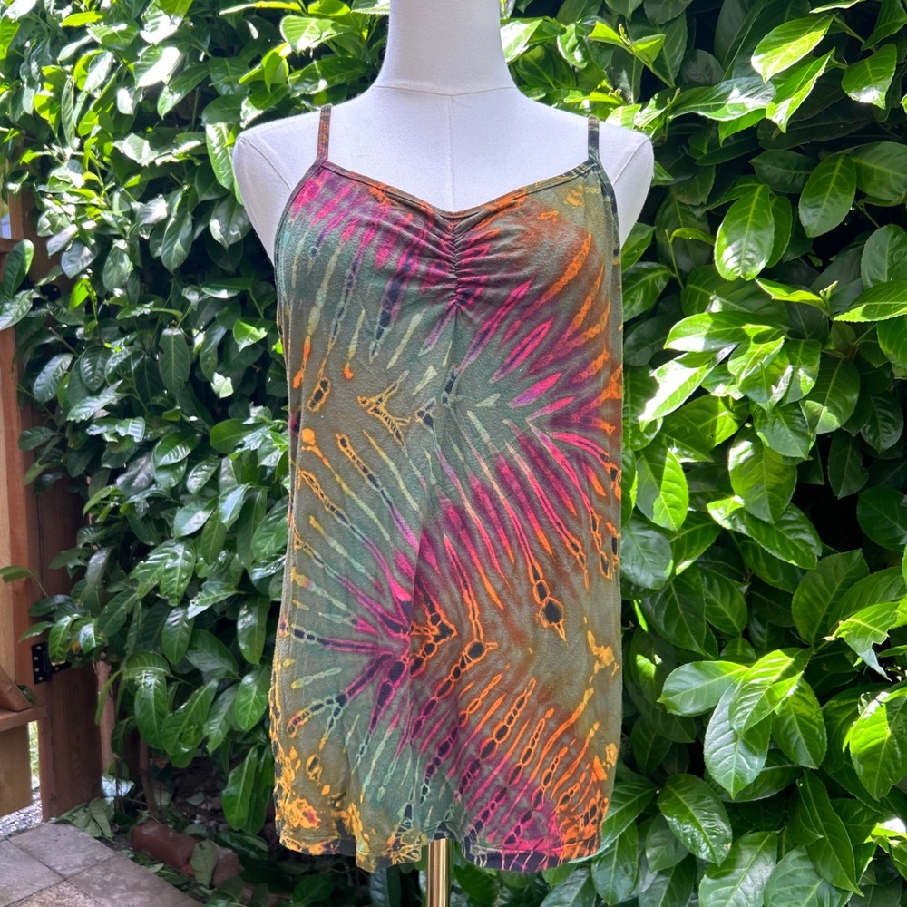 Kathmandu Imports Tank Top Womens Green Tie Dye Ruched Camisole Boho Hippie